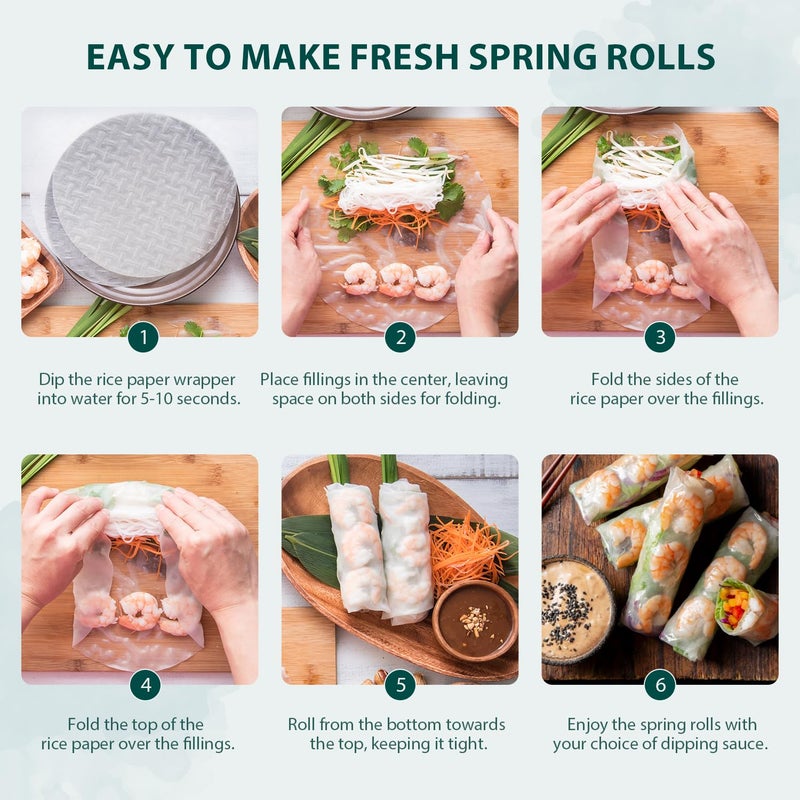 Soeos Rice Paper, White Rice Paper Wrappers, 1 Pack, 34 Sheets-Fresh Spring Roll Wrappers & Dumplings, Non-GMO, Gluten-Free, Low Carb, Vietnamese Rice Wraps (Round, 22cm) - Image 5